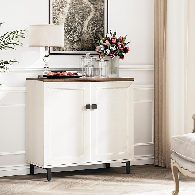 FENSULN Multifunctional Buffet Sideboard Cabinet Farmhouse Modern Storage Cabinet with Adjustable Shelves for Kitchen, Coffee Bar, Living Room, White