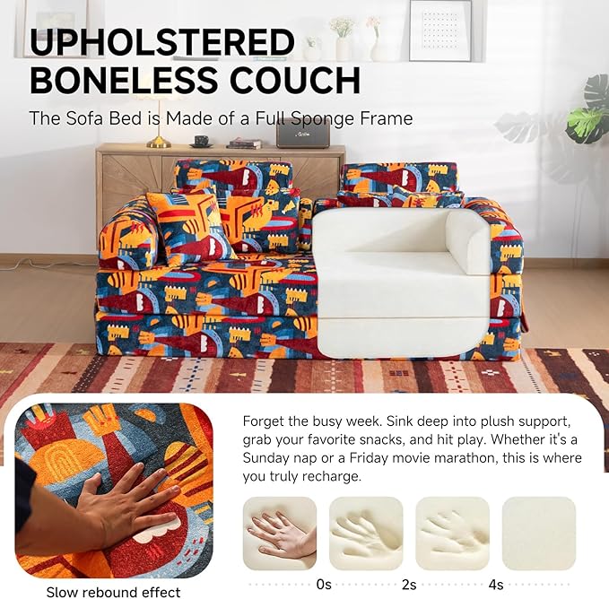 79" Convertible Boneless Couch for Small Spaces, 6-in-1 Corduroy Sofa Bed with High Backrest, Pillows, High-Density Foam Loveseat Sleeper Couch in a Box for Living Room, No Assembly, Graffiti B