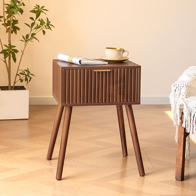AWASEN Night Stand, Small End Tables Living Room, Mid Century Modern Nightstand Accent Bedside Table with Fluted Drawer for Bedroom and Small Space, Walnut Brown
