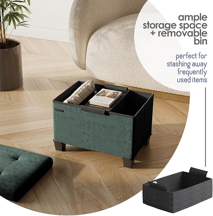 Storage Ottoman Cube with Small Bin, 16-in Square Ottoman with Storage for Living Room and Bedroom, Small Ottomans Foot Rest, Velvet Foot Stools Ottomans Max 330lbs, Green