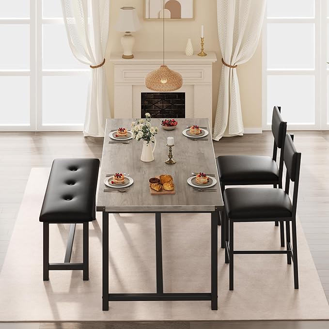 GarveeHome Dining Table Set for 4, Kitchen Table with 2 Upholstered Chairs and Bench, Wood Kitchen Dining Room Set, for Small Space, Apartment, Home, Kitchen, Retro Gray