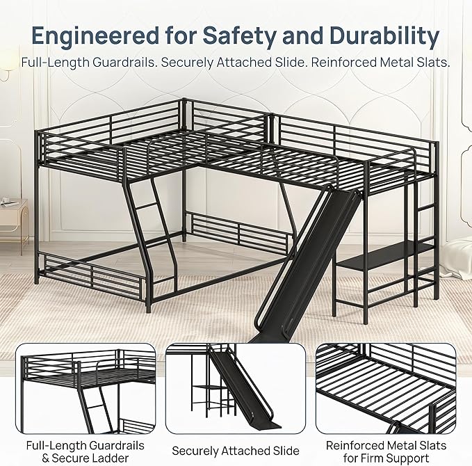 Bellemave Triple Bunk Beds, L-Shape Twin Over Full Bunk Bed Attached a Loft Bed with Desk, Triple Bunk Beds with Slide, Metal Corner Bunk Bed Frame for Three Kids Boys Girls Teens, Black
