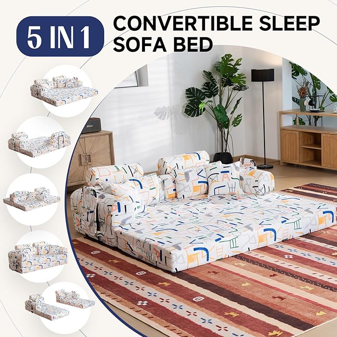 79" Convertible Boneless Couch for Small Spaces, 6-in-1 Corduroy Sofa Bed with High Backrest, Pillows, High-Density Foam Loveseat Sleeper Couch in a Box for Living Room, No Assembly, Graffiti C
