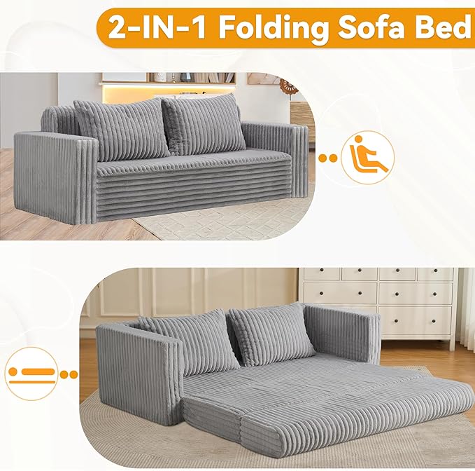HABUTWAY 68" Loveseat Boneless Couch, 4-in-1 Convertible Sofa Bed, Plush Fur Folding Futon Sofa Bed Couches with 2 Pillows for Living Room, High-Density Foam Support, No Assembly Required, Light Grey