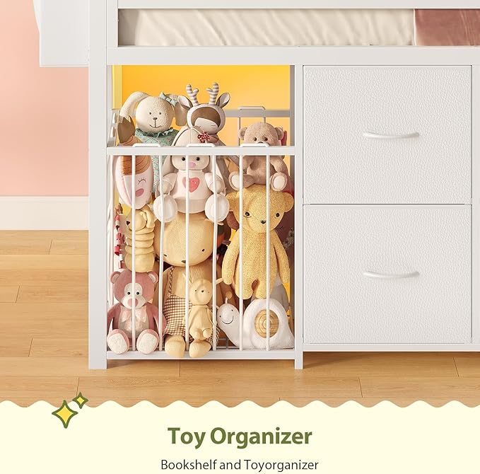 UPOSOJA Twin Size Low Loft Bed with RGB Lights & Play Zone, 8 XL Drawers, Kids Play Loft with 2-Step Ladder & Anti-Tip Kit (White)