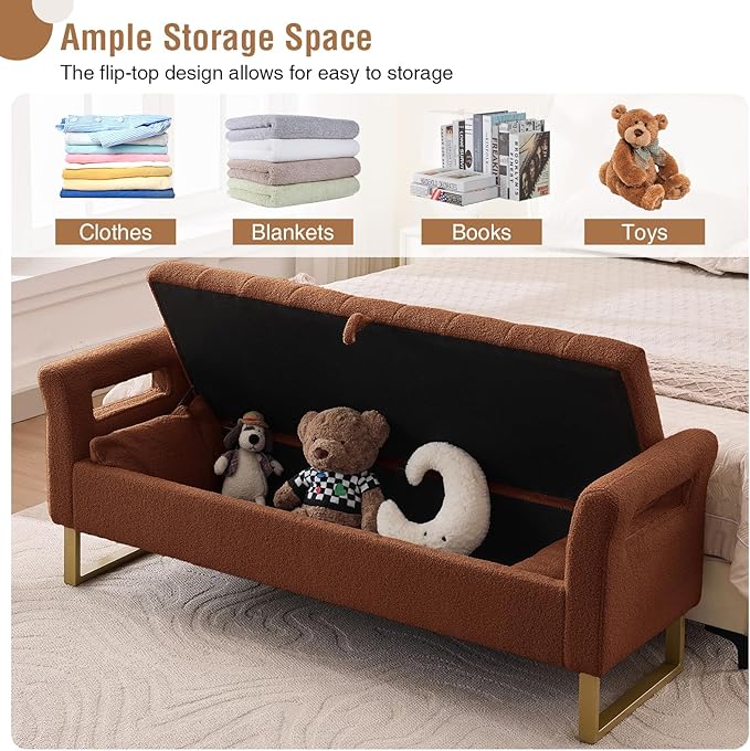 66'' Storage Bench for Bedroom End of Bed King Size, Bedroom Benches for Foot of Bed King, Teddy Brown Ottoman Bench with Storage with Armrest for Windows, Closet