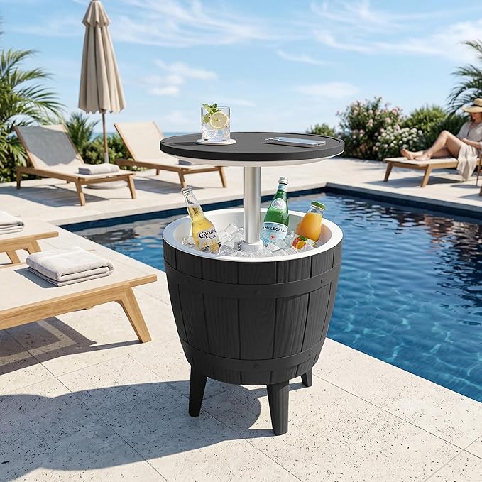 EasyUp Outdoor Resin Ice Bucket & Beverage Cooler-Patio Cooler Table with UV Protection,Wood-Look Side Tables for Your Patio, Picnic, and Beach Party (Black)