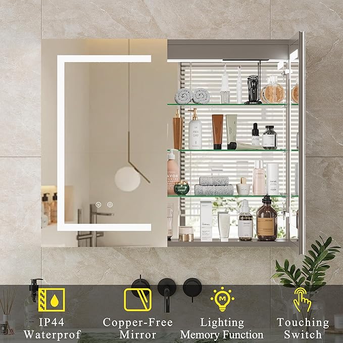 Double-Side LED Medicine Cabinet Mirror for Bathroom, Lighted Medicine Cabinet with 5 Mirrors, Interior Sensor Light, Dimmable, Anti-Fog, Outlets, Recessed or Wall Mount Aluminum Mirror Cabinet, 34x28