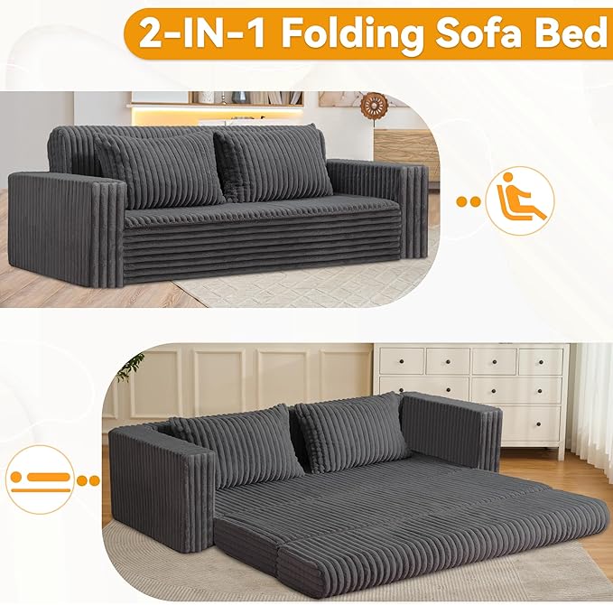 HABUTWAY 78" Loveseat Boneless Couch, 4-in-1 Convertible Sofa Bed, Plush Fur Folding Futon Sofa Bed Couches with 2 Pillows for Living Room, High-Density Foam Support, No Assembly Required, Grey