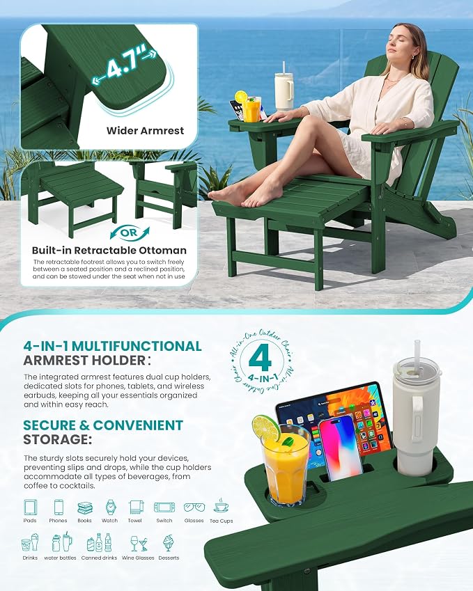 SERWALL Folding Adjustable Adirondack Chairs with Footrest Set of 4, HDPE Outdoor Chair with 4-in-1 Cup Holders, All Weather Adirondack Chair with Ottoman, Green