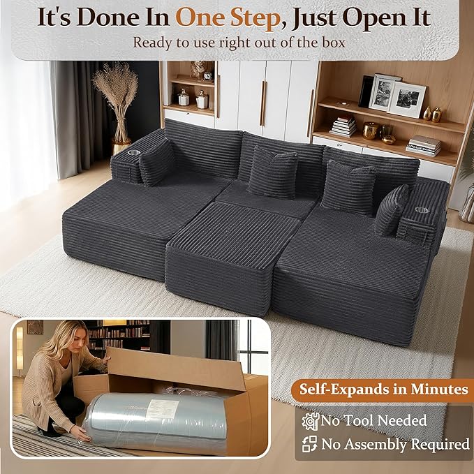 108" Cloud Sectional Couch, Comfort Sleep Sofa for Living Room, Extra Deep Seats No Assembly, Minimalist Modular Couch, Corduroy (Dark Grey, Widen Loveseat Chaise)