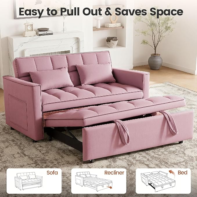 Convertible Sofa Bed, Pull Out Couch with Side Pockets, 3 in 1 Velvet Fabric Loveseat Sleeper Sofa Bed, Pull Out Couch with Adjustable Backrest for Living Room, Bedroom, Apartment, Pink