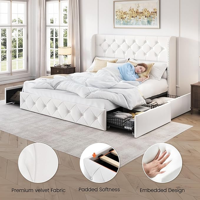LARMACE Queen Size Bed Frame with 4 Storage Drawers and 47.2" Tall Wingback Headboard Velvet Upholstered Platform Bed Frame Tufted Beds with Wooden Slats Support, Easy Assembly, White