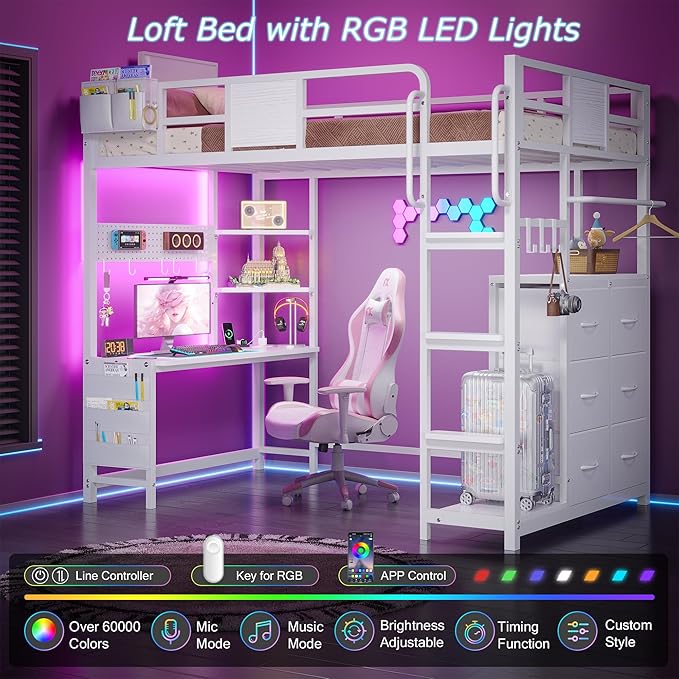 BYSAUD Loft Bed with Desk, Loft Bed Twin Size with 6 Storage Drawers & 4 Storage Shelves,Twin Loft Beds with LED Lights & Charging Station, Bunk Bed with Safety Guard, No Box Spring Needed, White