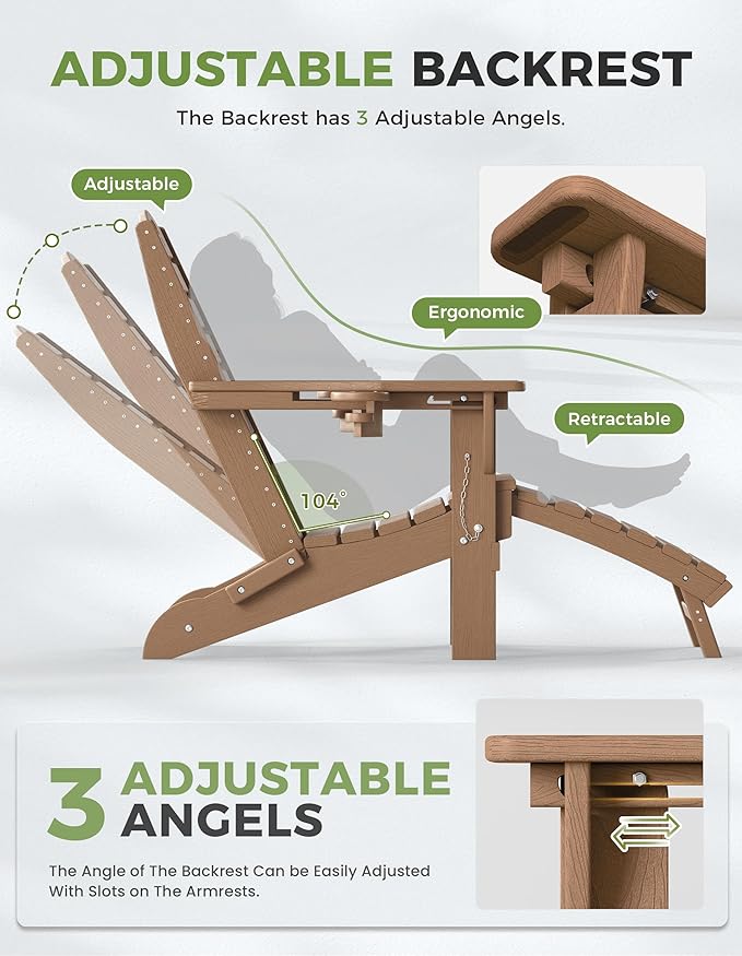 Ciokea Folding Adirondack Chair Set of 4 with Retractable Ottoman Fire Pit Patio Chair with Pull Out Foot Rest Weather Resistant Lawn Outdoor Chair with 2 Cup Holder (Teak)