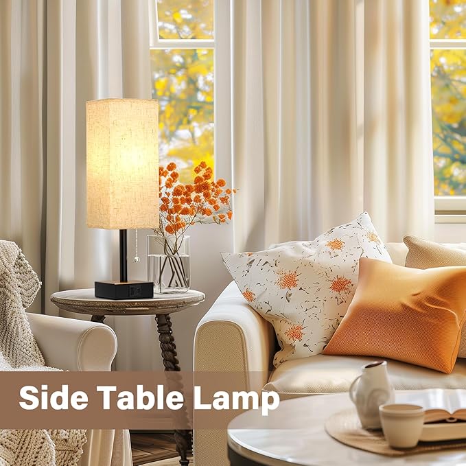 Fenmzee Bedside Lamps for Bedroom Set of 2 - Small Rectangular Nightstand Lamp with USB A C Charging Port, 3 Color Temperatures Desk Light with Bulb, Tabletop Reading Lamp for Living Room/Dorm/Office