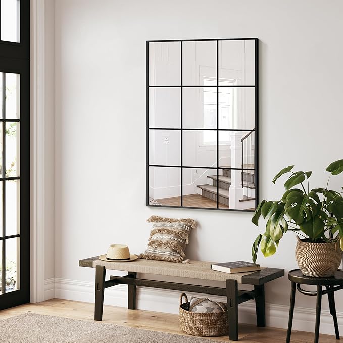 Window Mirrors for Wall Decor, Wall Mirrors Decorative Window Pane 24 x 36, Rectangular Metal Framed Wall Mounted Mirrors for Bedroom, Living Room, Dining Room, Entryway, Bathroom, Fireplace