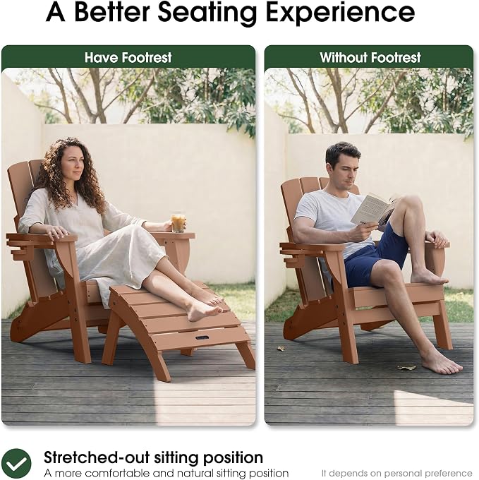 Adirondack Ottoman Footrest for Adirondack Chair, All-Weather HDPE Outdoor Foot Stool, Folding Patio Ottoman for Lawn, Garden, Deck, Backyard, Teak