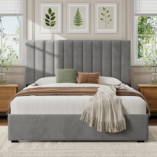 Welzona Upholstered Bed Frame Queen Size with Headboard, Fully Velvet Metal Platform Bed with Vertical Channel Tufted Headboard, 3-Level Height, Metal Slat Support, Noise-Free Easy Assembly, Grey
