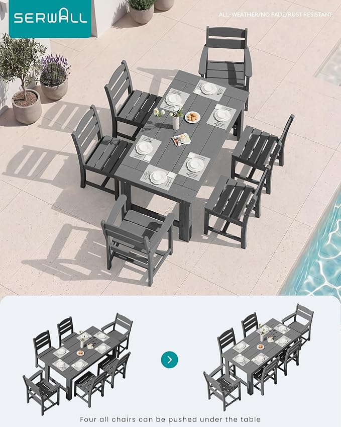 SERWALL Outdoor Dining Table Set, 67‘’ HDPE Patio Dining Set for 4, All-Weather Outdoor Table and Armless Chairs Set for Deck, Grey