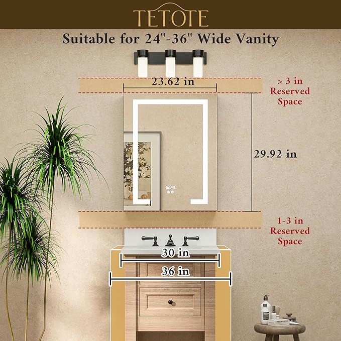 TETOTE 24 x 30 LED Lighted Medicine Cabinet with Lights & Outlets & USB, Recessed or Surface Mount Medicine Cabinet Mirror for Bathroom with Storage, Tempered Glass, 3-Color Dimming, Adjustable Shelf