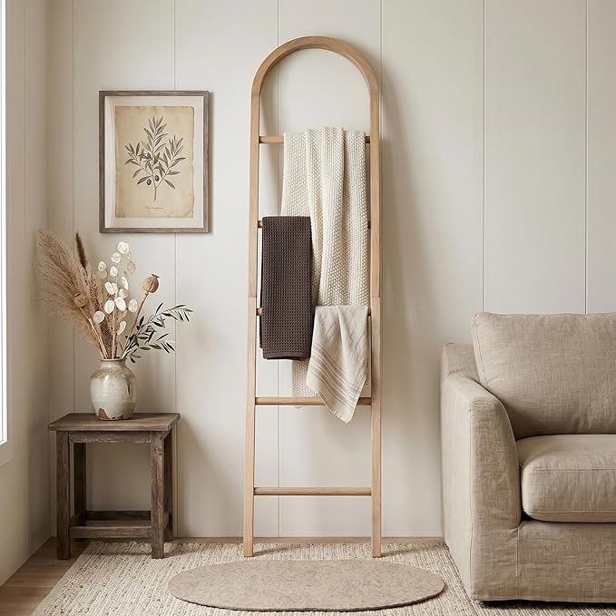 Wooden Blanket Ladder - Natural & Motley Wood - Leaning Wall Decor for Bedroom, Bathroom, Living Room - Rustic Quilt Holder & Towel Rack (Brown-Curved, 76in（5-Tier）)