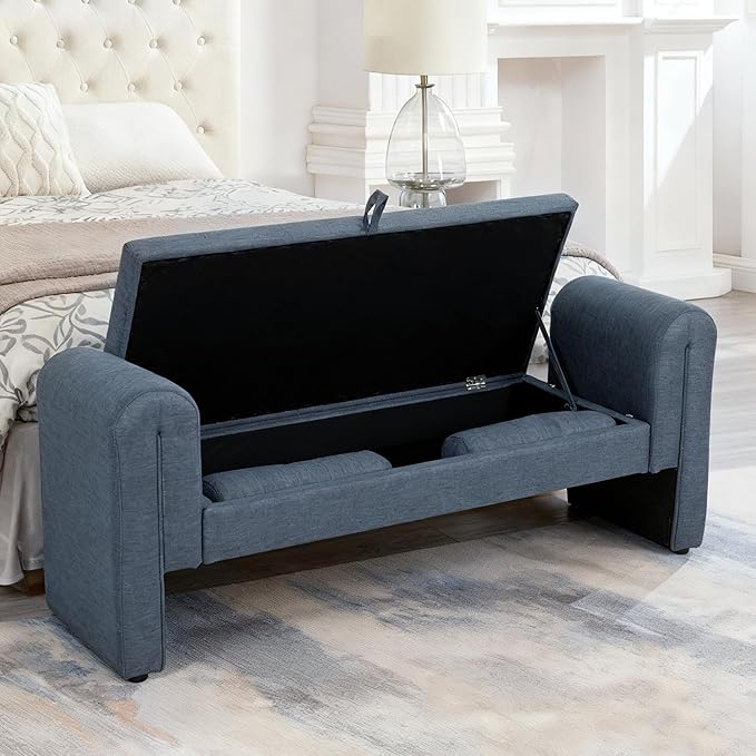 Velvet Upholstered Storage Bench for Bedroom End of Bed with Rolled Armed Button Tufted Sofa Stool, Ottoman Couch Long Bench with Solid Wood Legs (Blue-Gray)