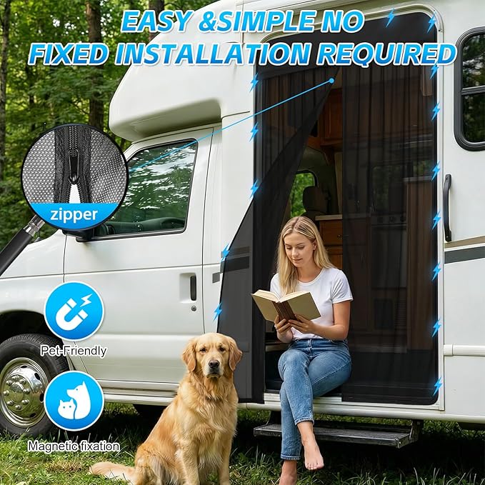 Magnetic Van Screen for Ford Econoline/Ford E-Series E-150 E-250 E-350 E450 1992-2005 - Mosquito Net with Zipper for Sliding Door - 60" H x 57" W