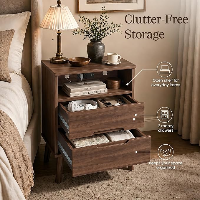 26" Tall Wood Nightstand with Charging Station & USB-C, Mid Century Modern Bedside Table with Solid Wood Legs, Walnut Finish with 2 Drawers