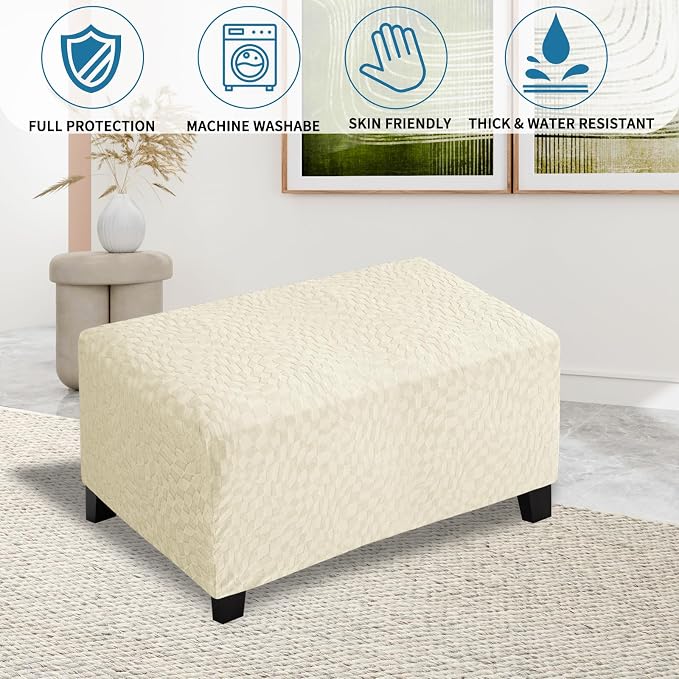 ZNSAYOTX 2026 Rectangle Ottoman Cover (L:35"-45") Super Stretch Soft Footrest Slipcover Form Fit, Universal Folding Foot Stool Covers with Non-Slip Elastic Band, Fashion Jacquard Texture, Beige