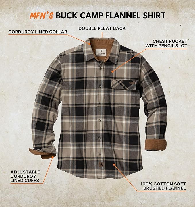 Legendary Whitetails Mens Long Sleeve Button Down 100% Cotton Flannel Shirt
