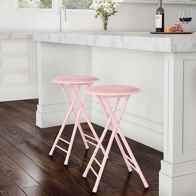 Lavish Home Folding Stool - Set of 2 Counter Height Bar Stools – 24-Inch Backless Folding Chairs with 225lb Capacity for Kitchen, Rec Room, or Game Room (Pink)