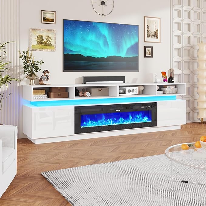 chartustriable Fireplace TV Stand for 100" TV, 93" LED Entertainment Center with 50" Fireplace & Power Outlets, High Gloss TV Stand, Gaming TV Media Console for Living Room, 93 Inch, White