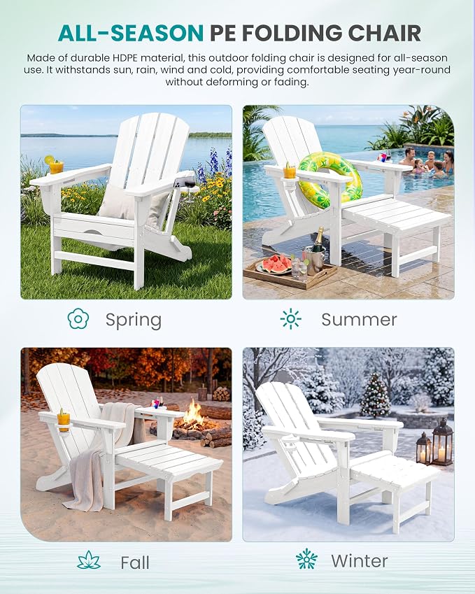 SERWALL Folding Adjustable Adirondack Chairs with Footrest Set of 2, HDPE Outdoor Chair with Dual Cup Holders, All Weather Adirondack Chair with Ottoman, White
