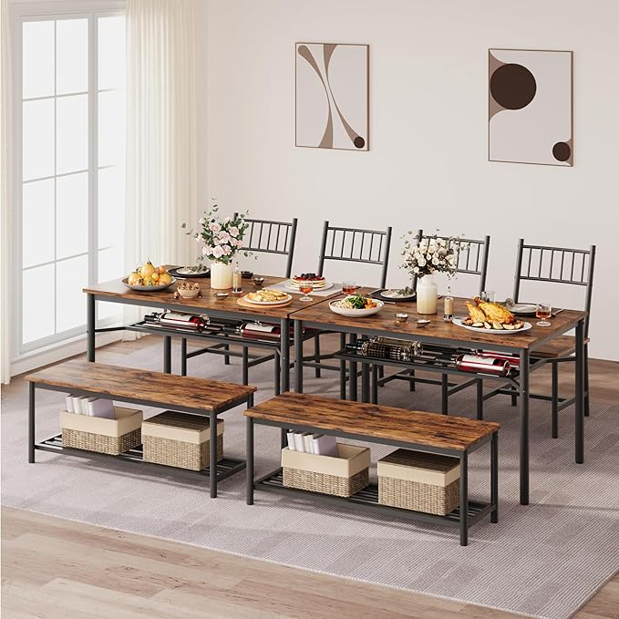 Garvee Dining Table Set for 4 with Bench and Chairs, 4-Piece Kitchen Table Set with Storage – Space-Saving Dining Table for Apartments and Dining Rooms, Brown