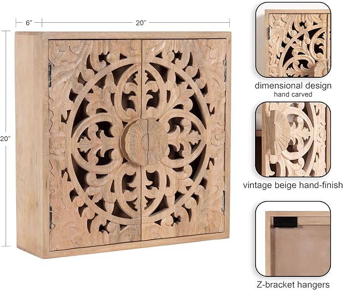 Kate and Laurel Saanvi Traditional Carved Wood Wall Cabinet; 20 x 6 x 20; Light Natural; Dimensional Over the Toilet Storage Cabinet for Bathroom Storage and Display