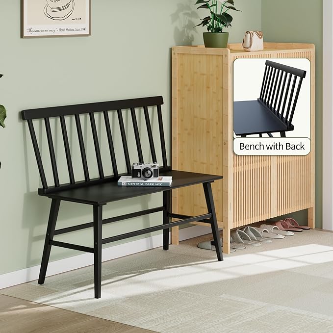 APRTAT Bamboo Entryway Bench, Farmhouse Dining Bench with Spindle Back 3 Person Indoor Bench Chair Wood Windsor Bench Durable Easy Assembly for Foyer Balcony Hallway Living Room (Black)