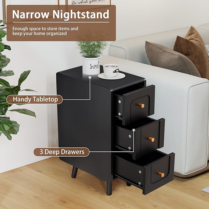 Narrow Nightstands with 3 Drawers, Wooden Farmhouse Bedside Tables, Slim End Tables with Storage, Small Night Stand for Bedroom, Living Room, Small Spaces