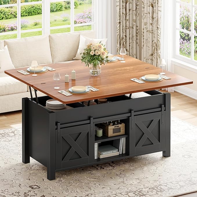 SEDETA Lift Top Coffee Table, 4 in 1 Multi-Function Convertible Coffee Tables with Storage and Hidden Compartment, Farmhouse Coffee Table Converts to Dining Table for Living Room, Black Brown