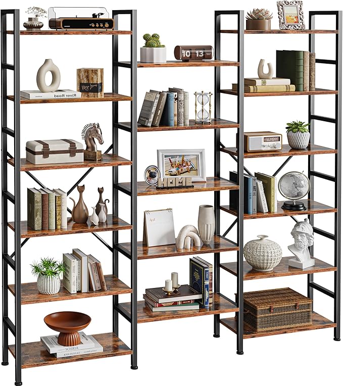 SUPERJARE Triple Bookshelf, Bookcase with 17 Open Display Shelves, Wide Book Shelf Book Case for Home & Office, 6 Tier, Brown, ABC003Z