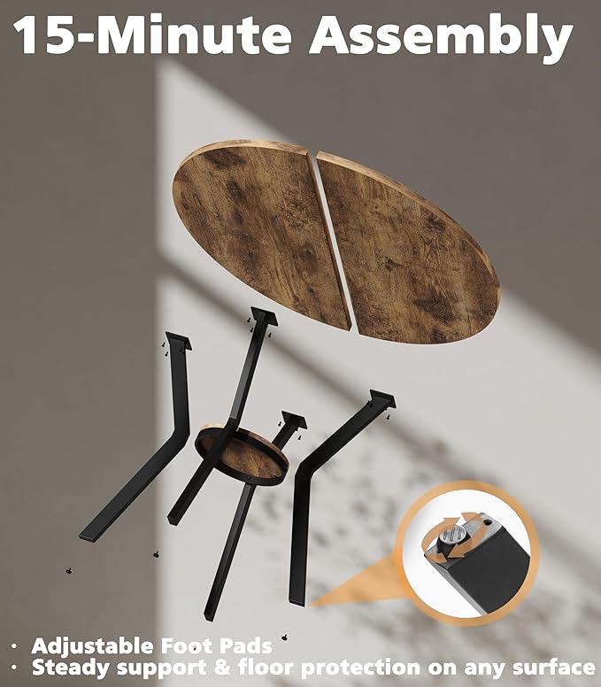MECHYIN Round Kitchen Table for 2-4, Small Round Dining Table with Storage, Rustic Wood Circle Table with Metal Legs, Compact Dining Room Table for Kitchen, Cafe, Apartment and Small Space