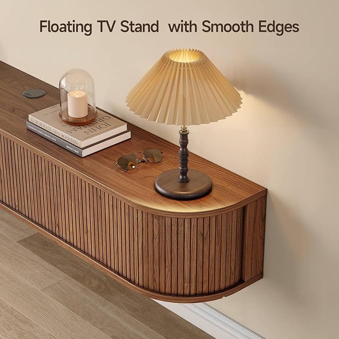 63" Floating TV Stand with Power Outlet for TVs up to 75", Fluted Entertainment Center with Remote Control for LED Lights, Mid-Century Modern TV Console w/Sliding Door for Living Room, Bedroom Walnut