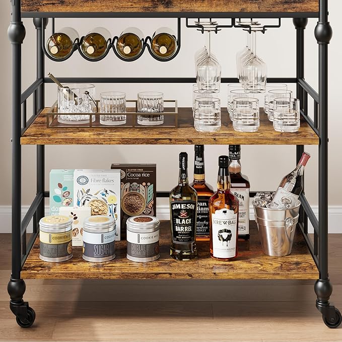 3-Tier Bar Cart with Wheels, Mobile Rolling Beverage Cart with Wine Rack, Glass Holder & Removable Top Tray, Serving Cart, Retro Trolley for Kitchen, Dining Room, Living Room, 35.4" x 15.7" x 34.1"