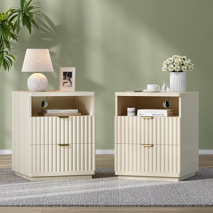 Night Stand Set 2, Nightstand with Charging Station, Night Stand with Open Shelf and 2 Drawers for Bedroom, Side Table Bedside Table with USB Ports & Outlets, Small Nightstand End Table