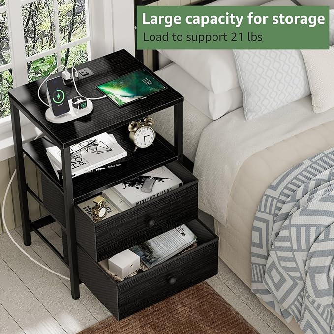 BOLUO Black Nightstand with Charging Station, LED Night Stand with 2 Fabric Drawers, Bedside Table with USB Ports and Outlets, Nightstand for Bedroom Modern
