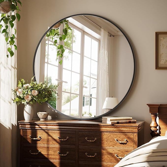 XRAMFY 42 Inch Round Black Metal Wall Mirror - Stylish Circle Mirror for Entryway, Bathroom, and Living Room Decor | Matte Black Circle Wall Mirror