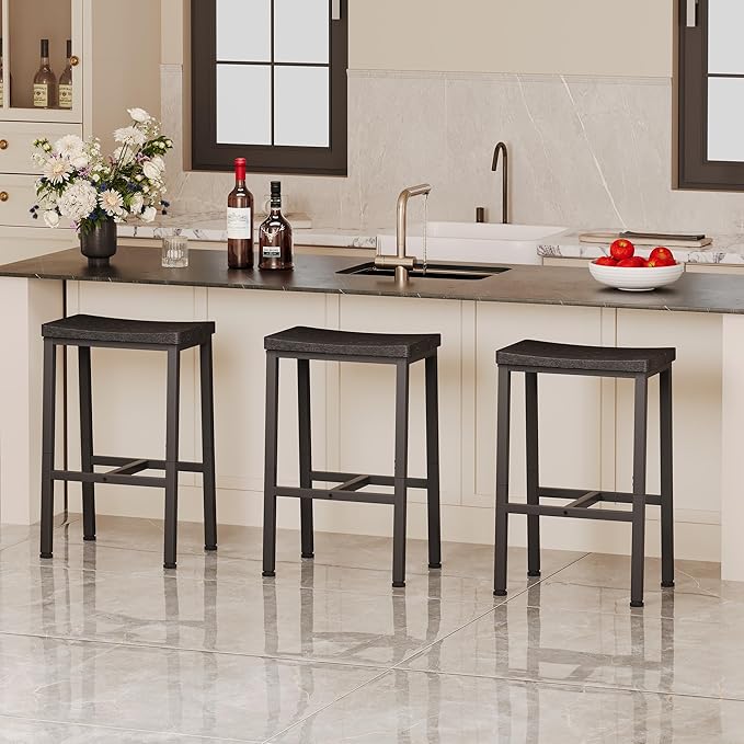 Homeiju Bar Stools, Counter Height Bar Stools Set of 2, 23.6 Inch Saddle Stools with Footrests, Industrial Kitchen Counter Seat for Dining Room, Kitchen, Counter, Black