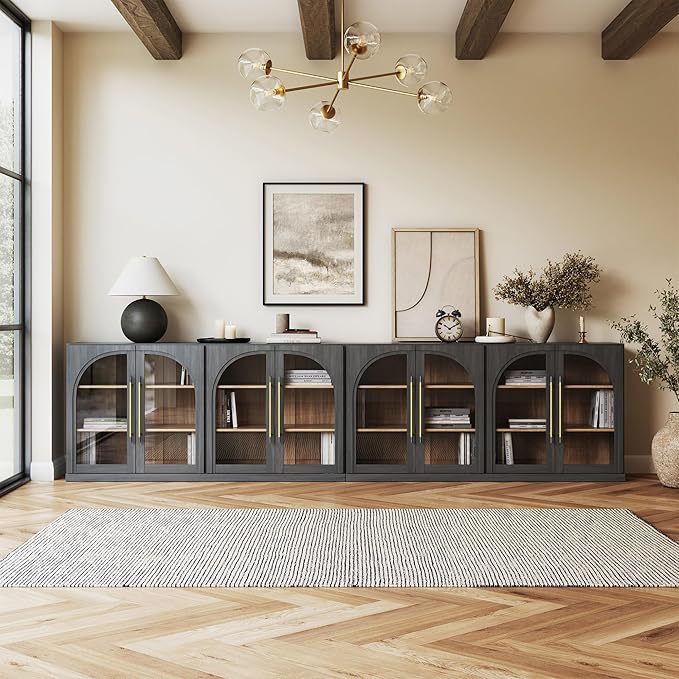 BELLEZE Set of 2 65" Arched Sideboard with Glass Door, Accent Buffet Cabinet with Storage and Adjustable Shelves, Classic Modern Large Console Table for Dining Room Living Room Entryway (Ebony)