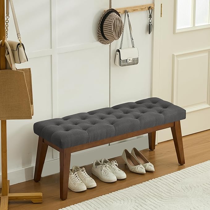 WUTUTUEE 43.5'' Linen Bedroom Bench, Upholstered End of Bed Bench with Tufted Button, Padded Vintage Dining Bench, Entryway Bench with Solid Wood Legs, Kitchen, Living Room, Hallway, Dark Grey Tufted