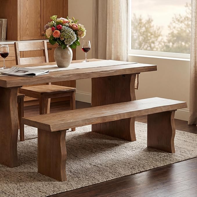 Merax 62.9" Solid Pine Dining Bench with Sculpted Legs – Rustic 3-Person Seating for Kitchen, Dining Room & Entryway – Heavy Duty 350lbs Capacity, Natural Wood Finish